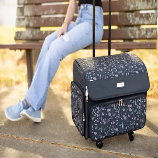 Everything Mary Pink & Gray Floral 4 Wheel Collapsible Deluxe Sewing Machine Storage Case {7}