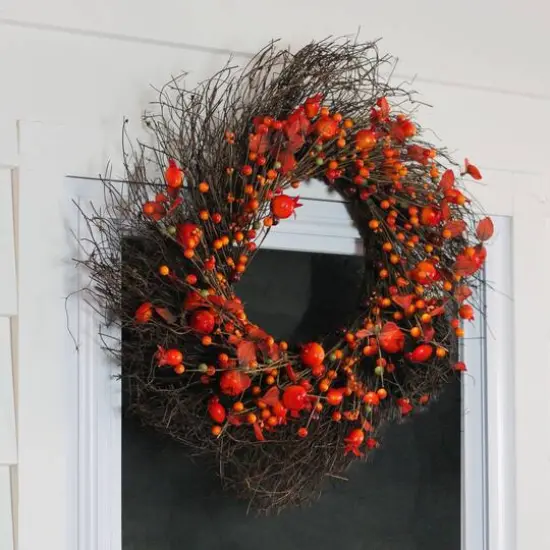 24" Unlit Autumn Harvest Artificial Berries, Twigs & Leaves Rustic Thanksgiving Wreath {3}