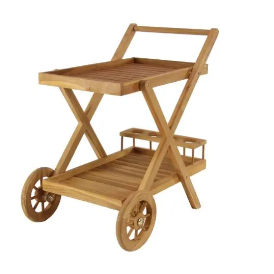 Brown Teak wood Traditional Outdoor Rolling Serving Cart, 32" x 32" x 21" {1}
