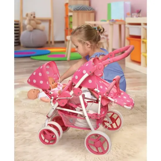 Badger Basket Pink Polka Dot Reversible Double Doll Stroller {3}