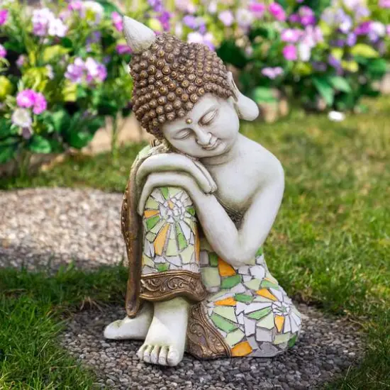 17" Resting Mosaic Buddha Outdoor Ceramic Garden Statue {3}