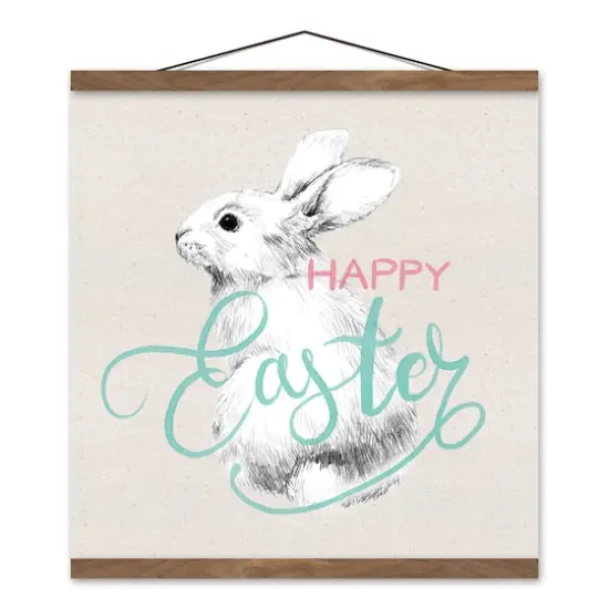 Happy Easter Sketch Bunny Teak Hanging Canvas {1}