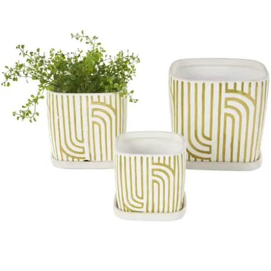 Green Geometric Linear Arch Pattern Ceramic Planter Set {1}