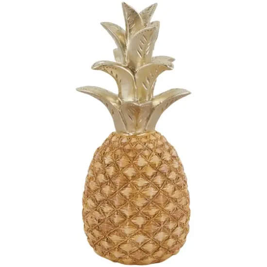 13" Gold Textured Pineapple Fruit Sculpture with Carved Top {1}