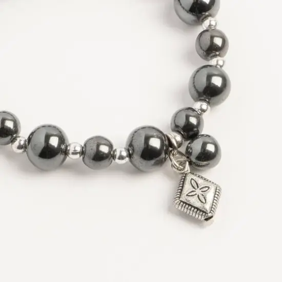 John Bead Hematite Gray Natural Stone Bracelet with Rhombus Charm {3}