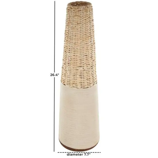 Light Brown Rattan Handmade Woven Vase with Beige Metal Base {8}