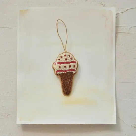 Hello Honey® 4.25" Multicolor Fabric & Glass Beaded Ice Cream Cone Ornament {3}