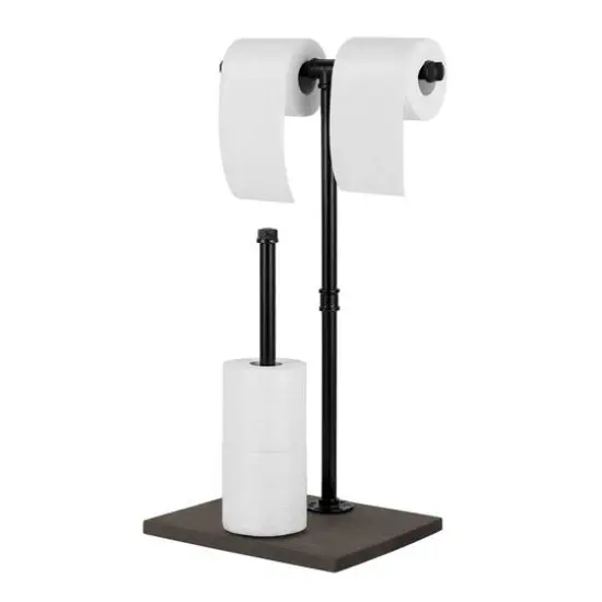 NEX&trade; Freestanding Iron Pipe Toilet Paper Holder with Solid Wood Base White {2}