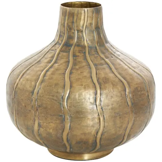 13" Brass Metal Wide Snakeskin Inspired Vase with Dimensional Wavy Accents {1}