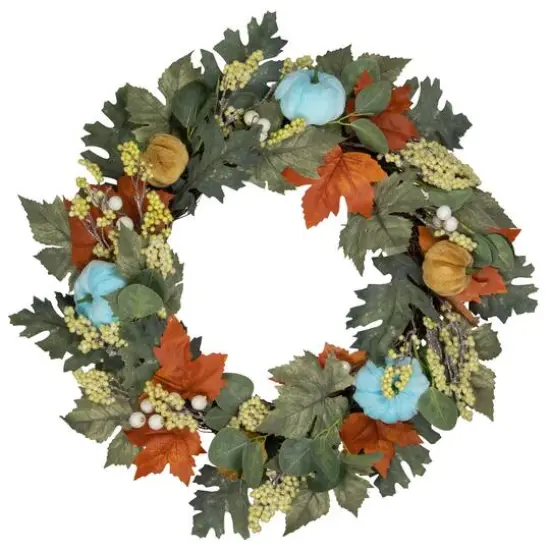 22" Green & Orange Foliage & Gourds Thanksgiving Artificial Wreath {1}