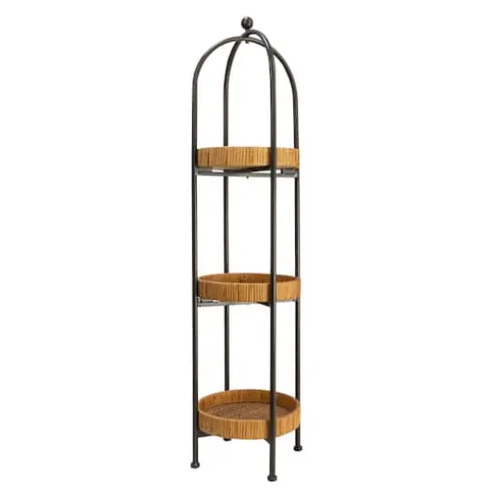 Hello Honey&reg; 3ft. Boho Arched Black Metal Plant Stand with Rattan Trays {5}