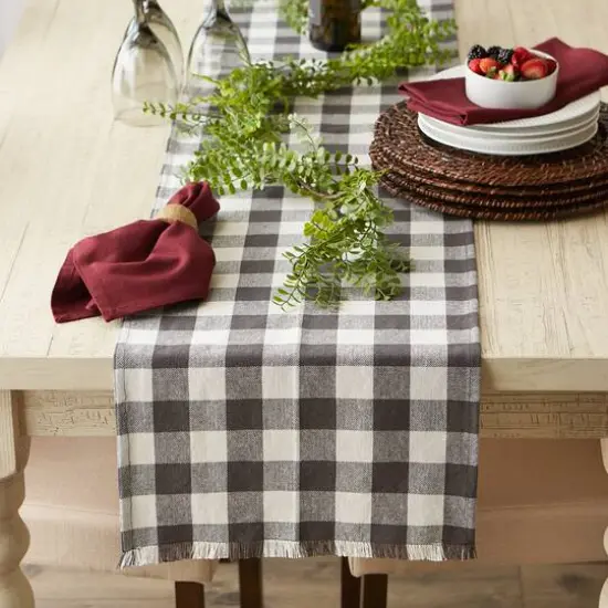 DII&reg; 72" Heavyweight Check Fringed Table Runner Mineral {5}