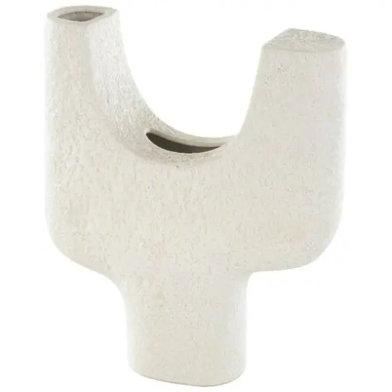 14" Speckled White Abstract Curved Ceramic Vase with Dual Openings {8}