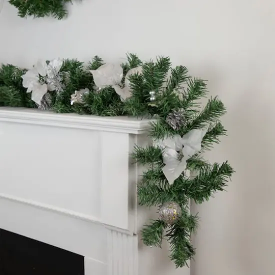 Pre-Decorated Silver Poinsettia Pine Cone & Ball Artificial Garland, Unlit {4}