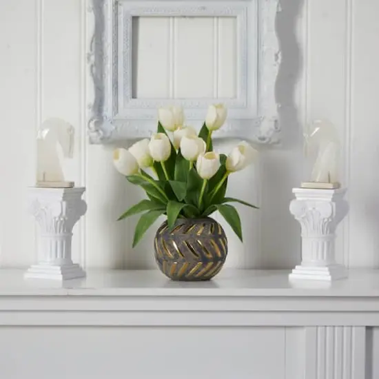 15" White Tulip Arrangement in Decorative Ceramic Vase {4}