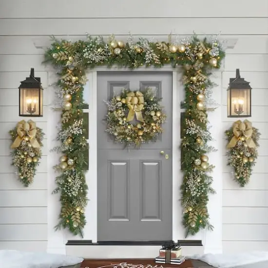 26" Battery-Operated Pre-Lit Decorated Artificial Wreath with Gold Bow {3}