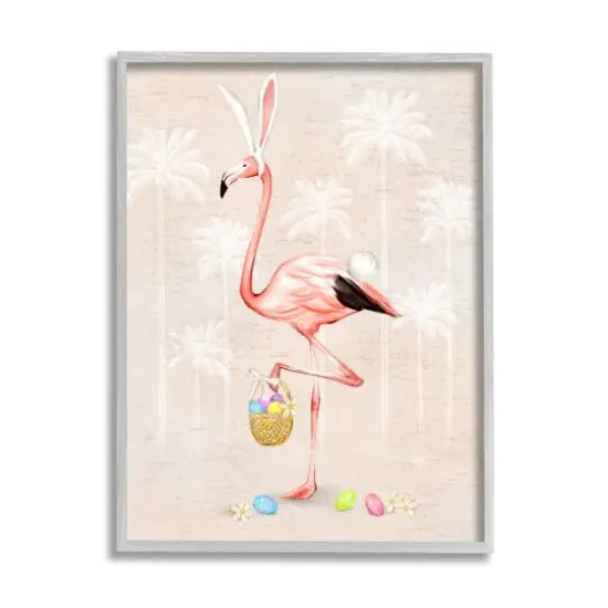 Stupell Industries Easter Flamingo Pink Bird Egg Hunt Basket Framed Giclee Art Gray {1}
