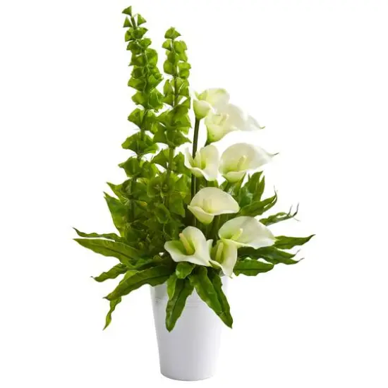 23" Calla Lily & Bells of Ireland Artificial Arrangement in White Container Yellow {2}