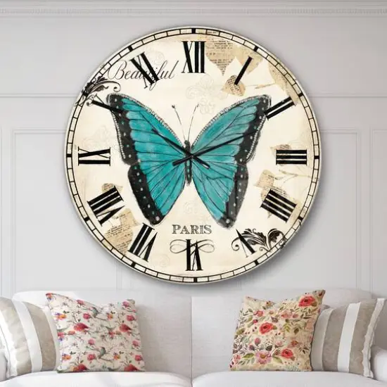 Designart 'Blue Farmhouse Butterfly Farmhouse Wall Clock {3}