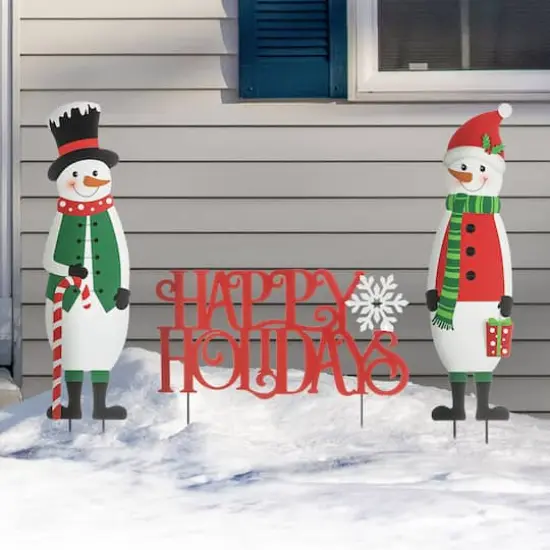 Glitzhome&reg; Metal Snowmen & Happy Holidays Yard Stake Set {5}