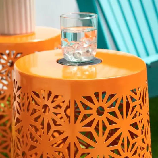 Glitzhome&reg; 17.5" Iron Geometric Pattern Solar Garden Stool Set Orange {7}