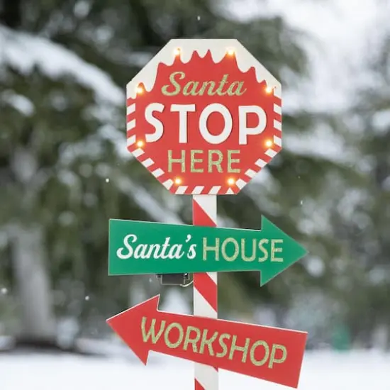 Glitzhome&reg; 41.75'' Lighted Santa Stops Here Wooden Yardstake {5}