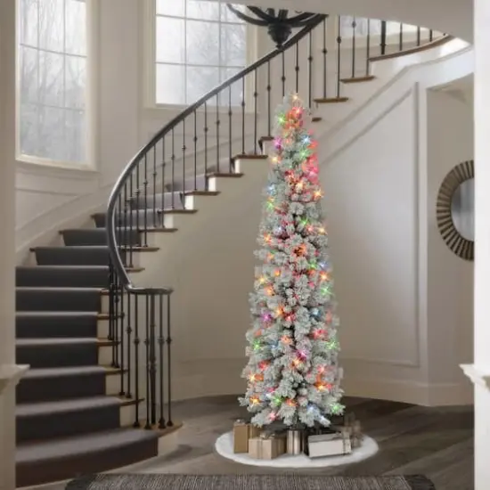 7.5ft. Pre-Lit Flocked Portland Pine Artificial Pencil Tree, Multicolor Lights {4}