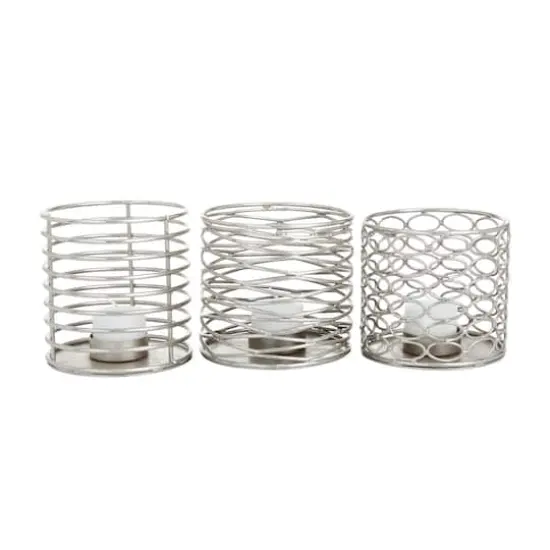 Set of 3 Silver Iron Modern Candle Holders, 4" x 4" x 4" {1}