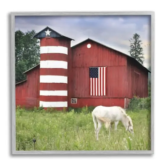 Stupell Industries Grazing White Horse Red Americana Barn Flag Framed Giclee Art Gray {1}