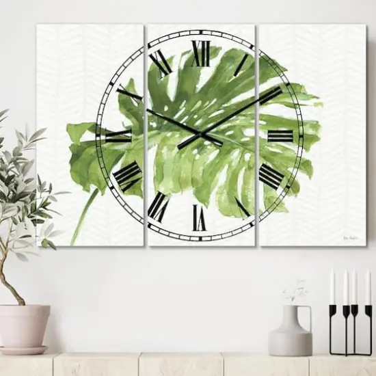 Designart Mixed Botanical Greens Palms IV Farmhouse 3 Panel Wall Clock {3}