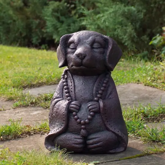 17" Dark Gray Meditating Buddha Dog Outdoor Garden Statue {3}