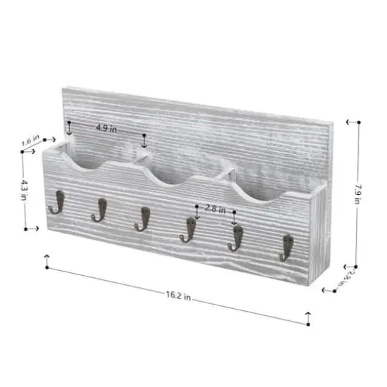 NEX™ Rustic White Wall Mounted Mail Holder & Organizer with 6 Key Hooks {3}