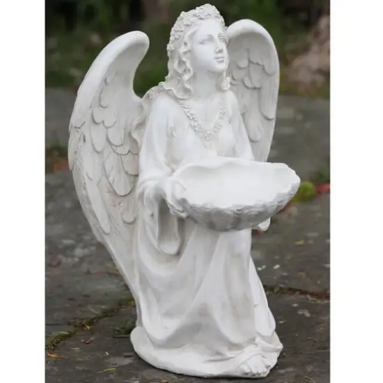 19.75" White Kneeling Angel Holding Shell Outdoor Garden Statue Bird Feeder {3}