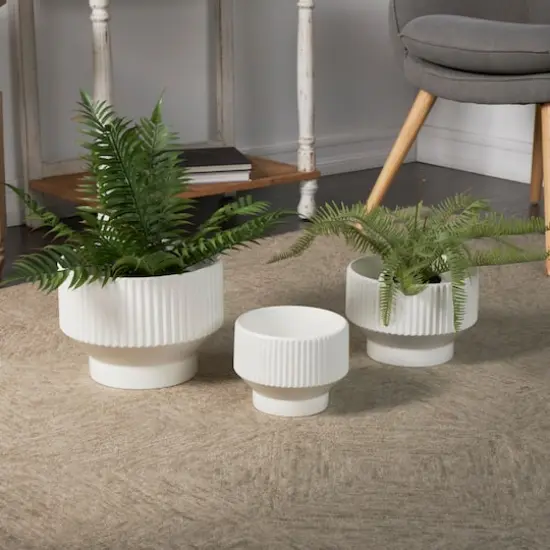 Linear Grooves Wide Ceramic Planter Set White {3}