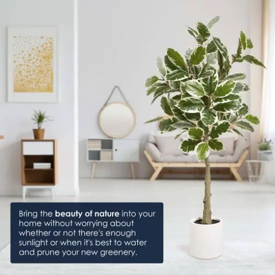 American Art Decor 5ft. Realistic Artificial Variegated Rubber Tree in White Pot {6}
