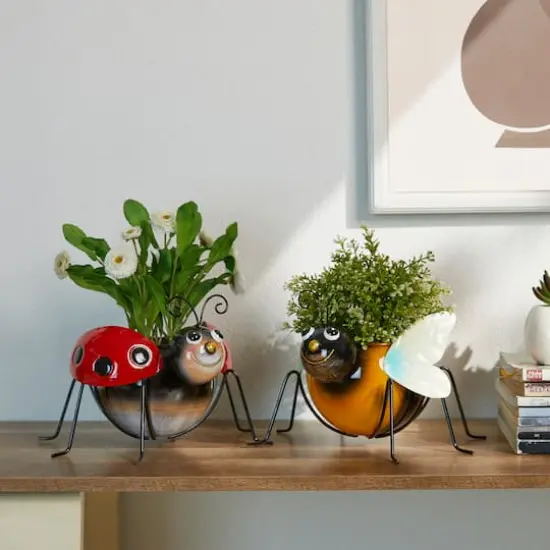 Glitzhome&reg; 10" Bee & Ladybug Metal Statue Planter Set {6}