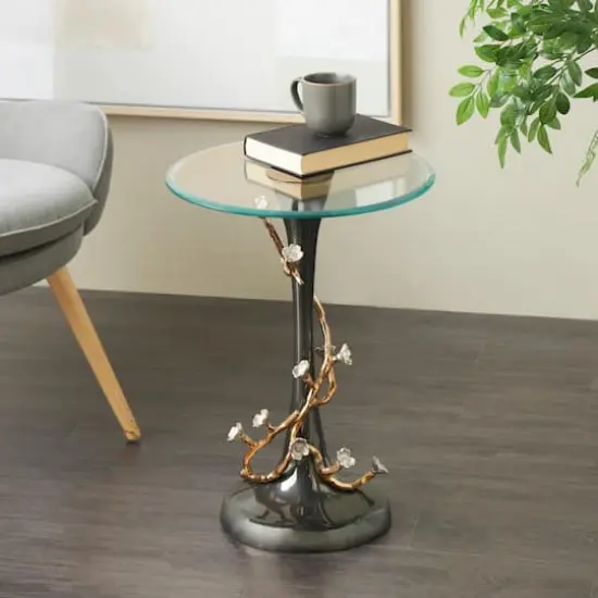 22.75" Black Aluminum Floral Twisted Vine Accent Table with Gold & Silver Accents & Glass Tabletop {3}