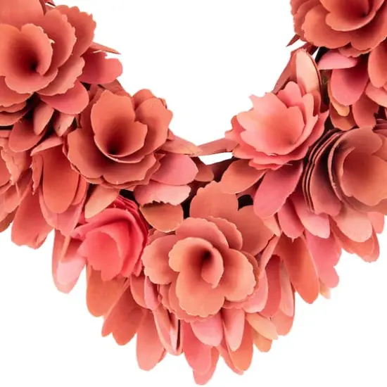 14" Salmon Pink Valentine's Day Wooden Floral Heart Wreath {5}