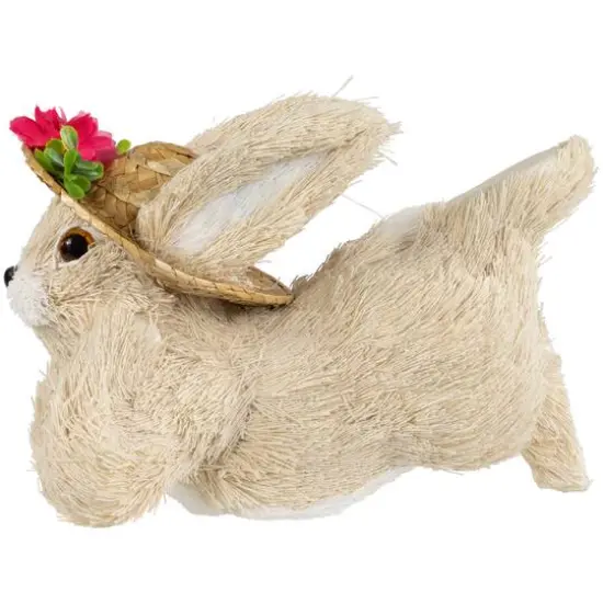 8.75" Beige Rabbit with Floral Straw Hat Easter Figurine {7}