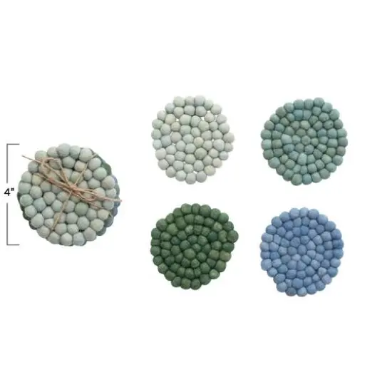 Hello Honey&reg; Blue Tones Handmade Wool Felt Ball Coaster Set {4}