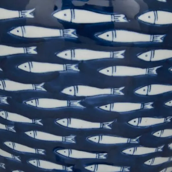 Dark Blue Ceramic Gourd Style Base Fish Table Lamp with Drum Shade 15" x 15" x 29" {4}