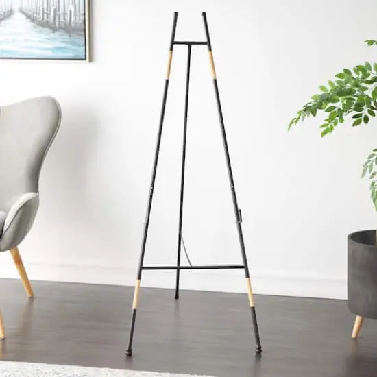 53.5" Black Metal Slim Foldable 2-Tier Easel with Wrapped Rattan Accents {4}