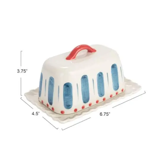 Hello Honey® 6.75" White, Red & Blue Hand-Painted Stoneware Butter Dish {5}