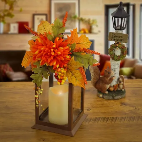 14" Battery-Operated LED Harvest Lantern with Mum Flower {3}