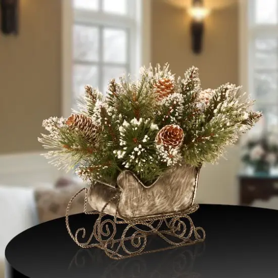 10" Silver Glittery Bristle&reg; Pine Sleigh {3}