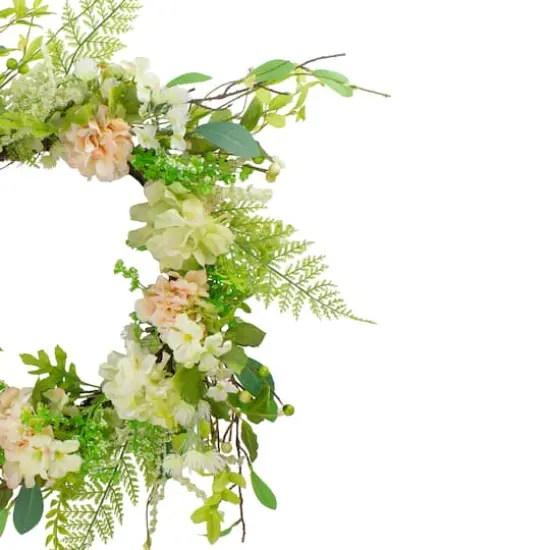 28" Green & Pink Hydrangea & Fern Spring Floral Berry Wreath {4}