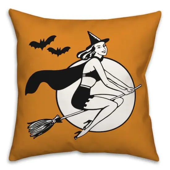 Retro Witch on Orange Spun Poly Throw Pillow {1}