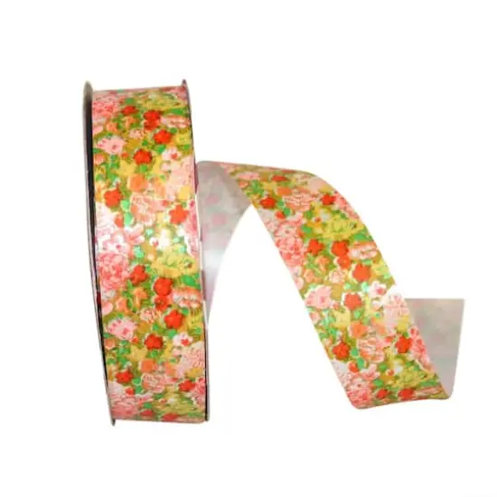 Reliant 1.33" x 109yd. Calico Floral Print Ribbon Multicolor Peach {1}