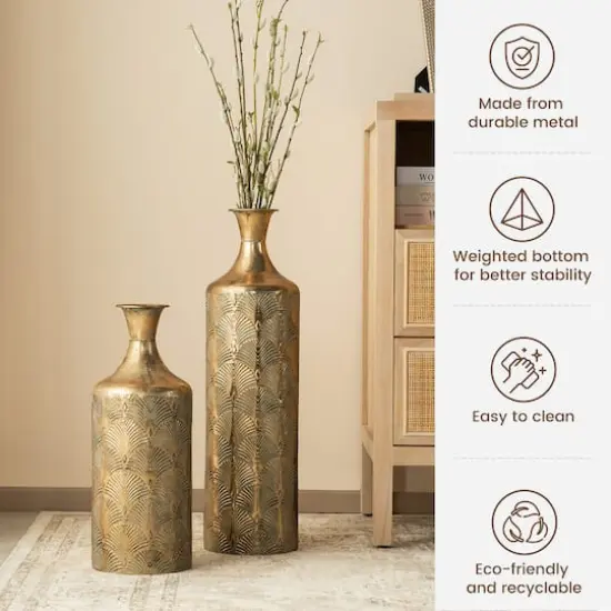 Glitzhome&reg; Antique Gold Gingko Metal Floor Vases Set {4}