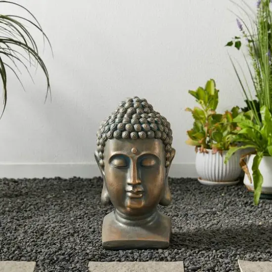 Glitzhome&reg; 16" Faux Bronze Buddha Head Garden Statue {6}